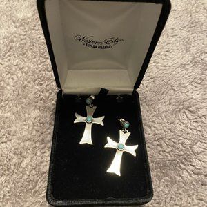 NWT WESTERN EDGE by Taylor Brands Cross Earrings Silver Turquoise